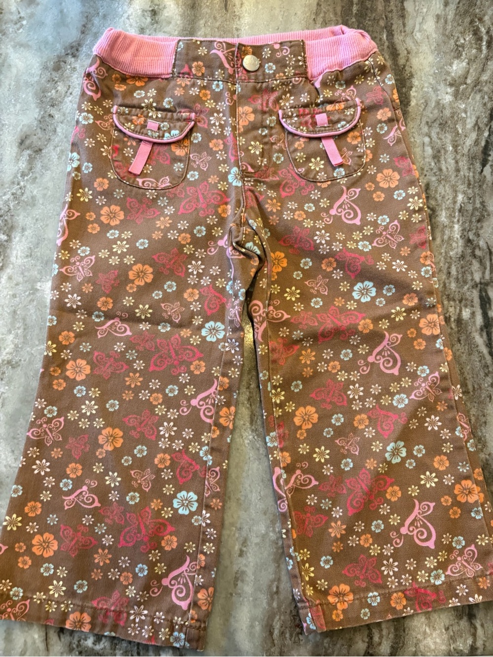 Y2K Disney Brown Floral & Butterfly Pants with Pink Waistband